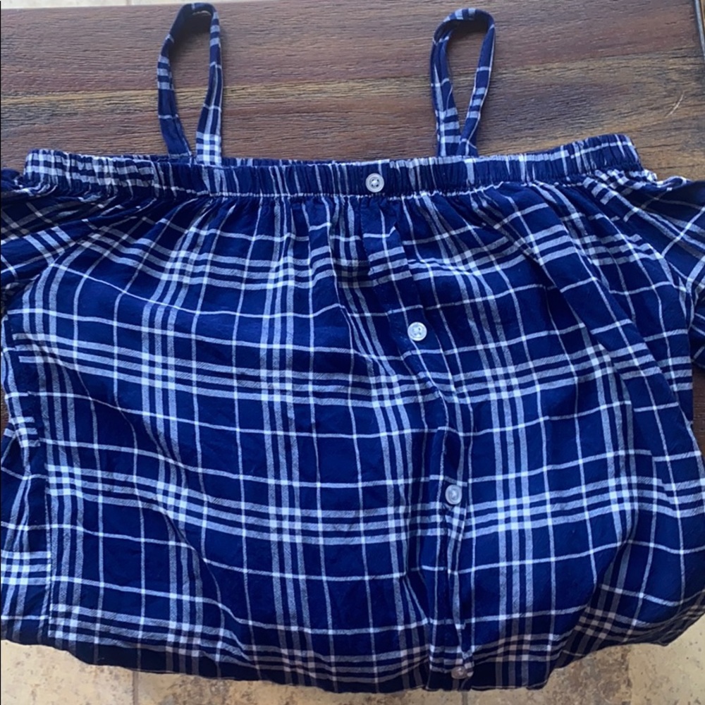 Navy blue and white off the shoulder shirt